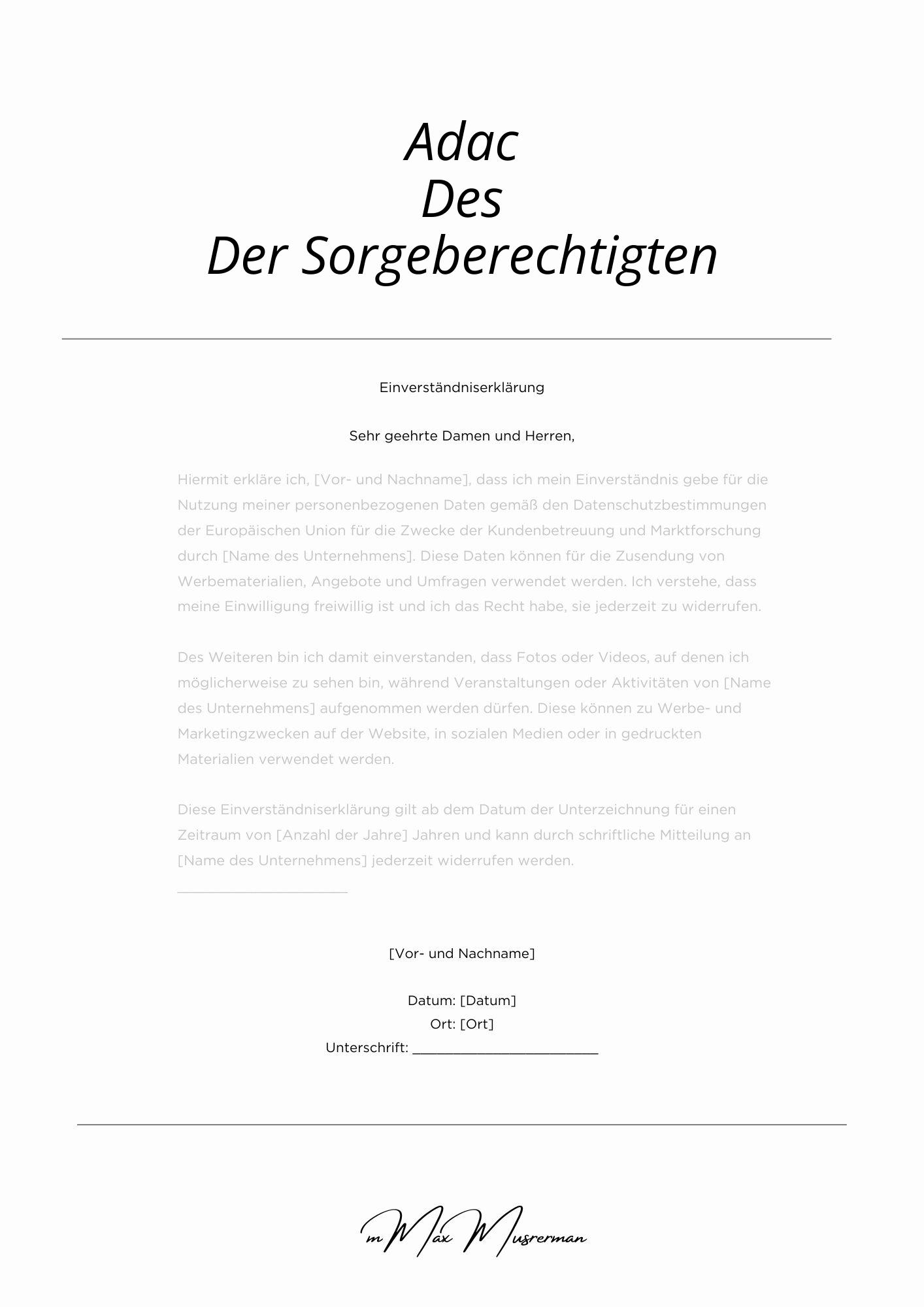 Adac Einverständniserklärung Des Der Sorgeberechtigten