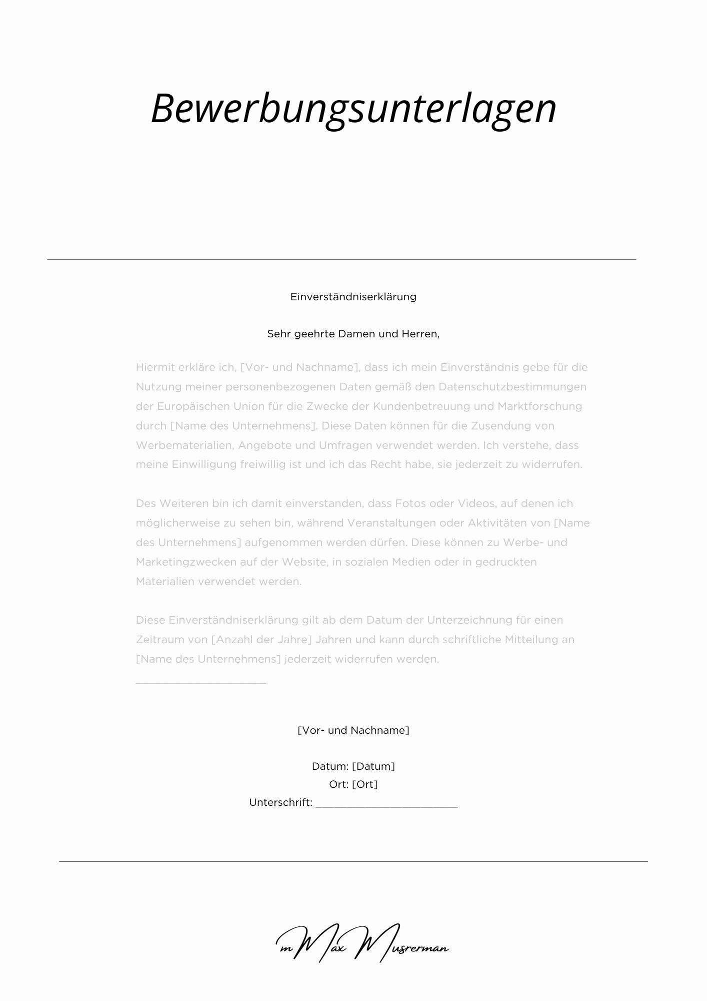 Einverständniserklärung Bewerbungsunterlagen