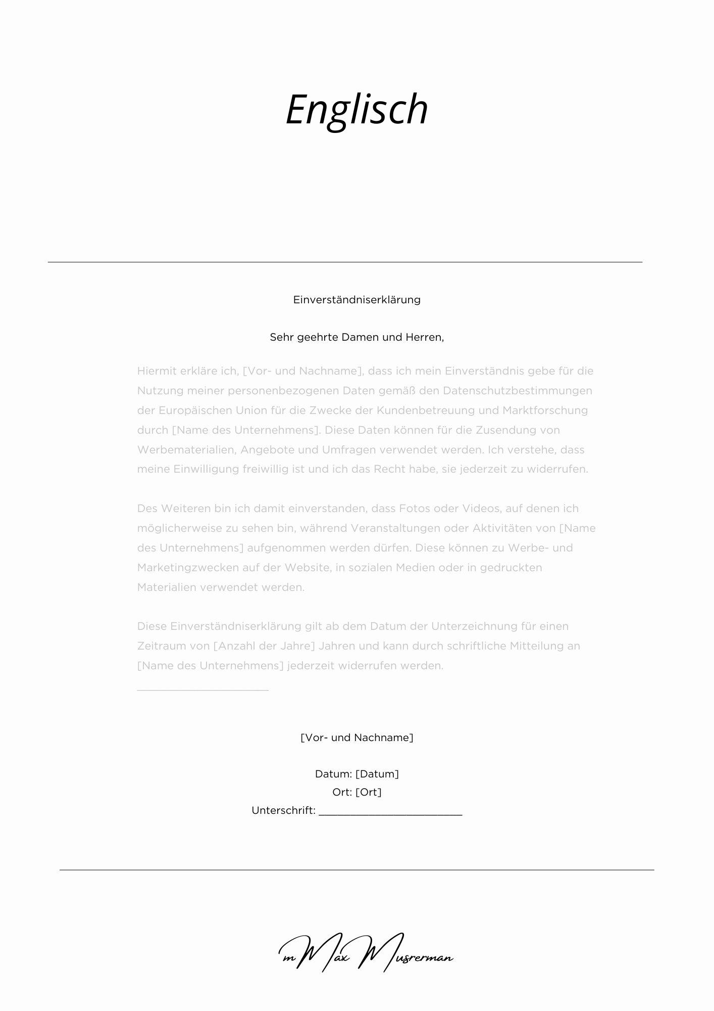 Einverständniserklärung Englisch