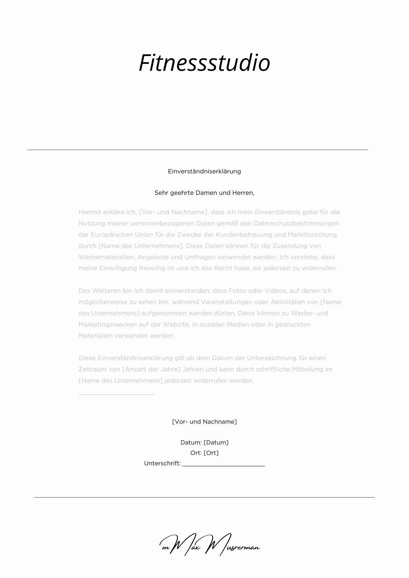 Einverständniserklärung Fitnessstudio
