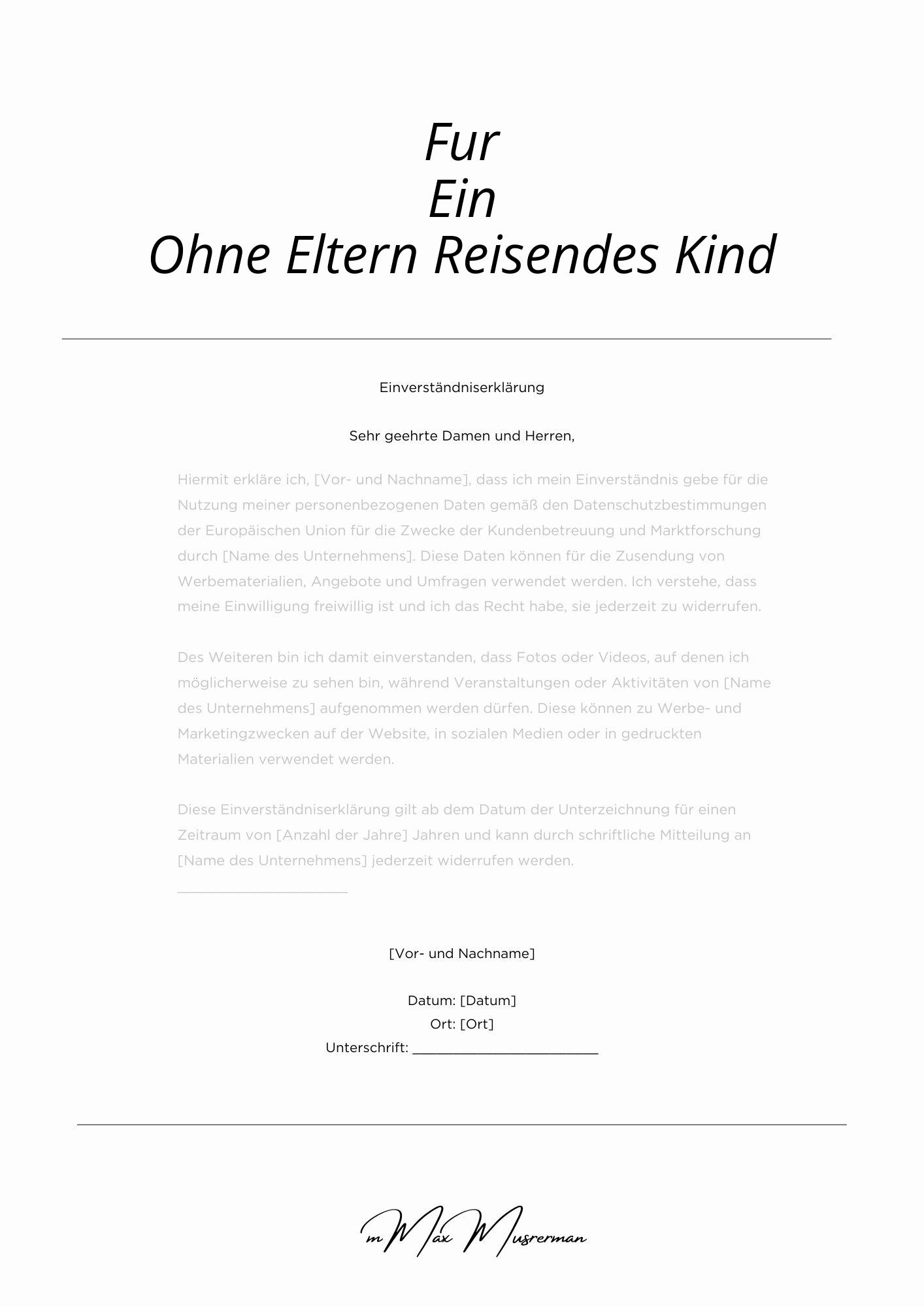 Einverständniserklärung Für Ein Ohne Eltern Reisendes Kind