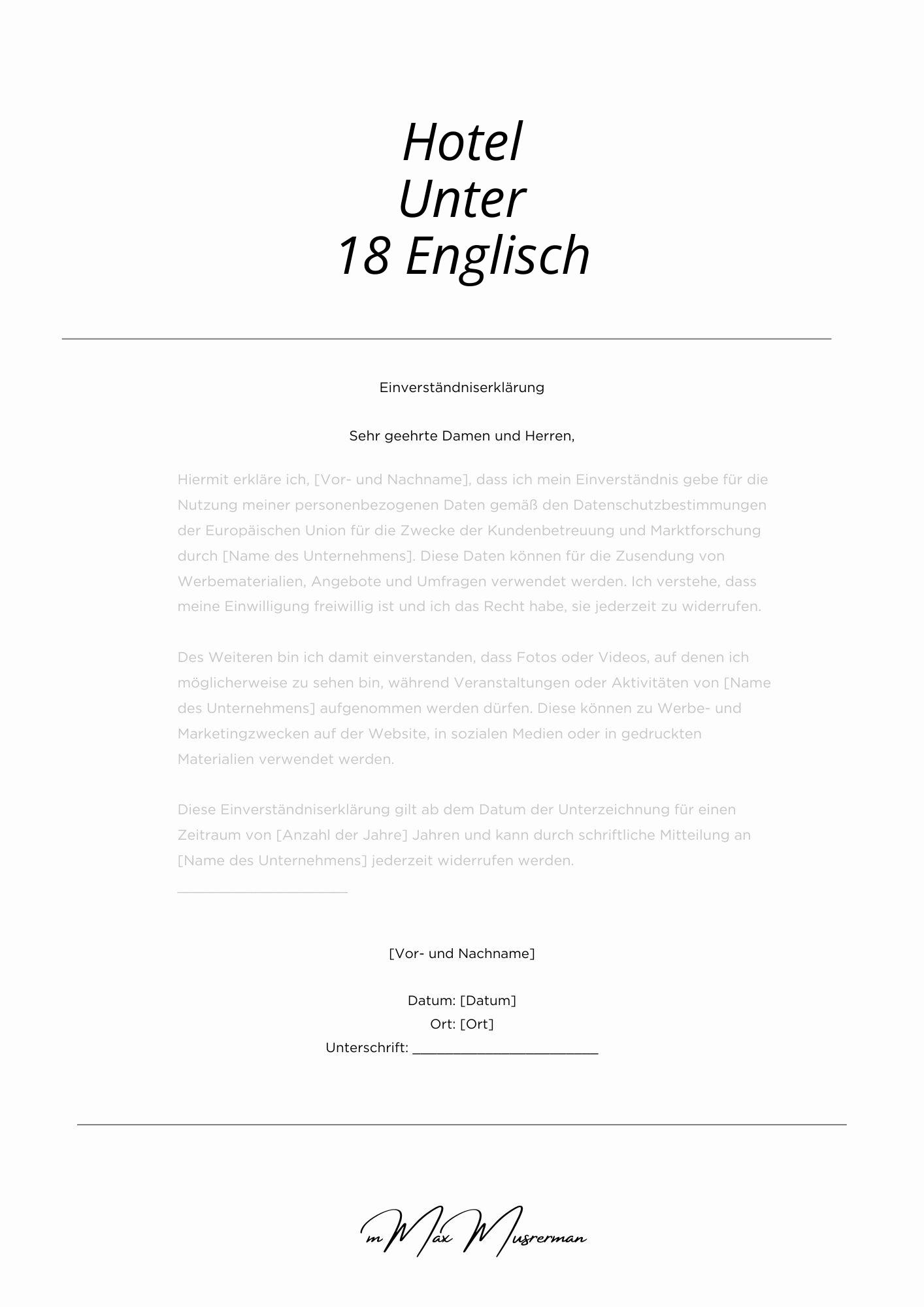 Einverständniserklärung Hotel Unter 18 Englisch