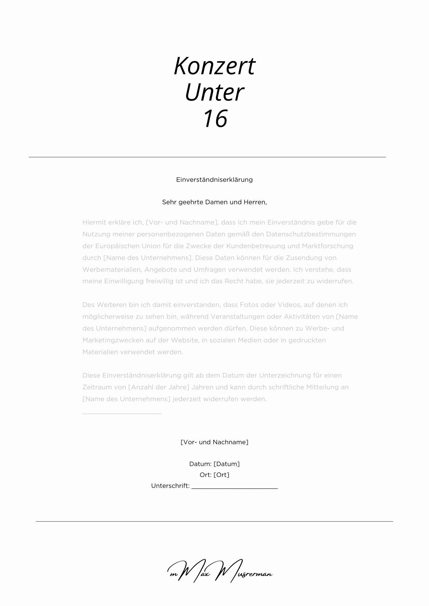 Einverständniserklärung Konzert Unter 16