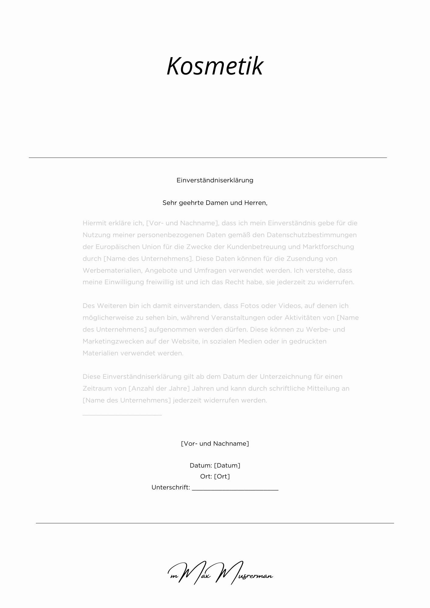 Einverständniserklärung Kosmetik