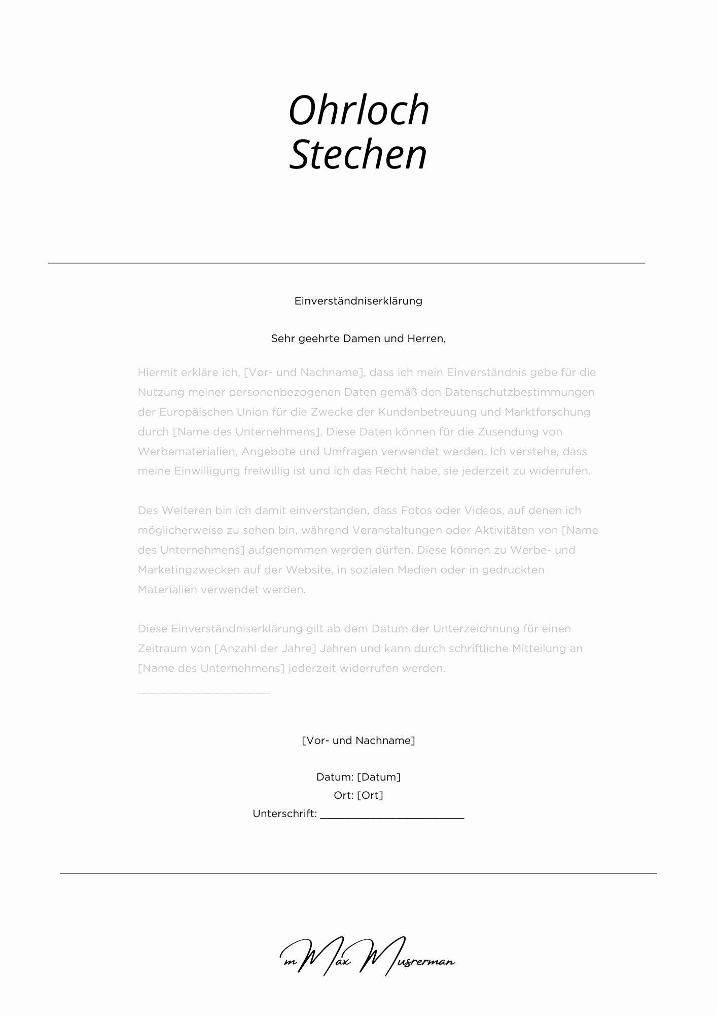 Einverständniserklärung Ohrloch Stechen