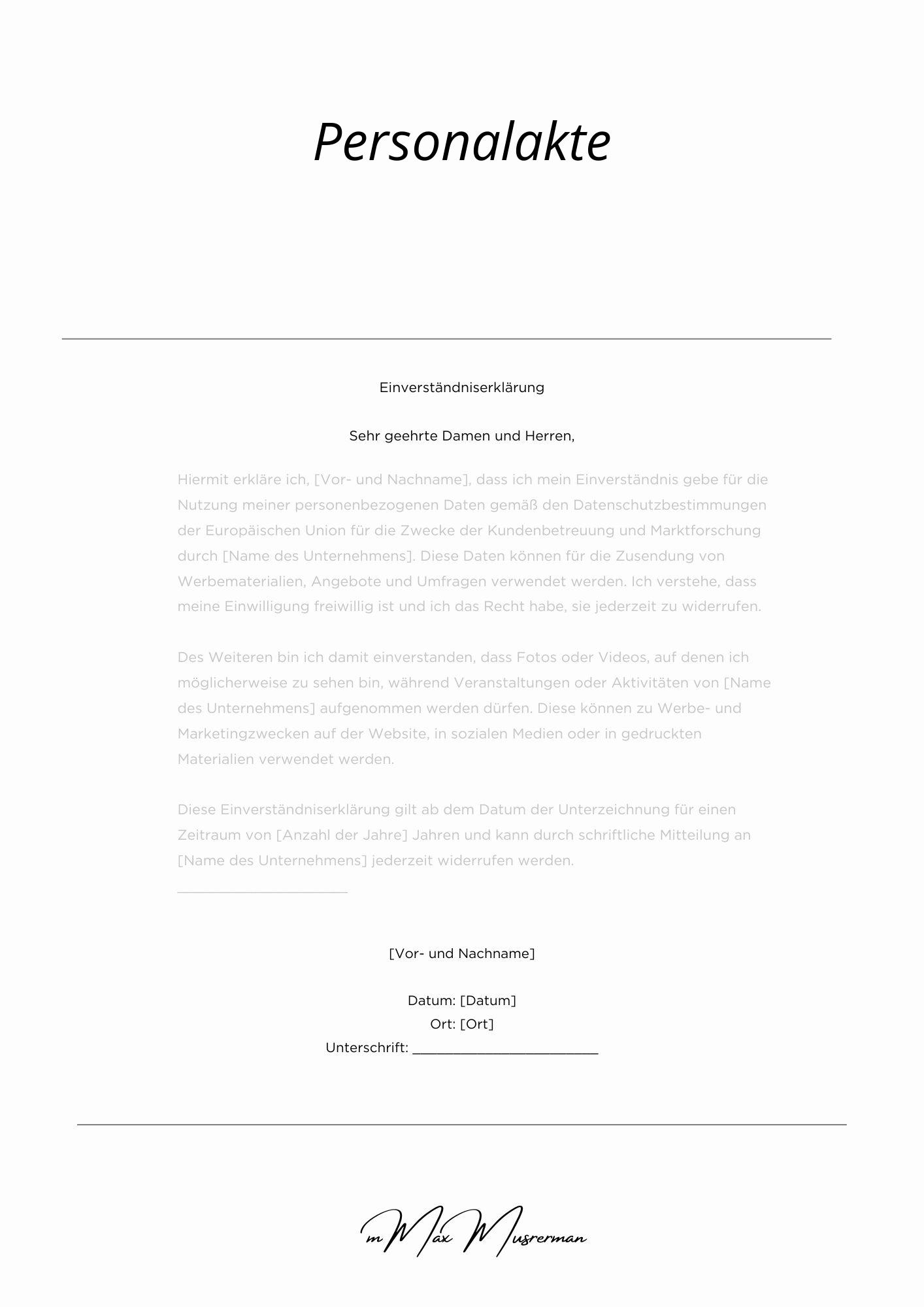Einverständniserklärung Personalakte