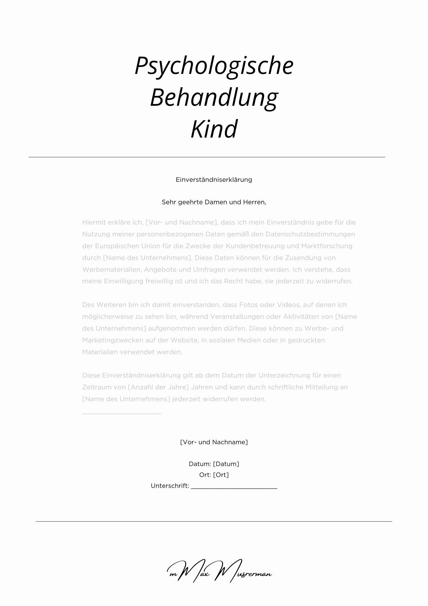 Einverständniserklärung Psychologische Behandlung Kind