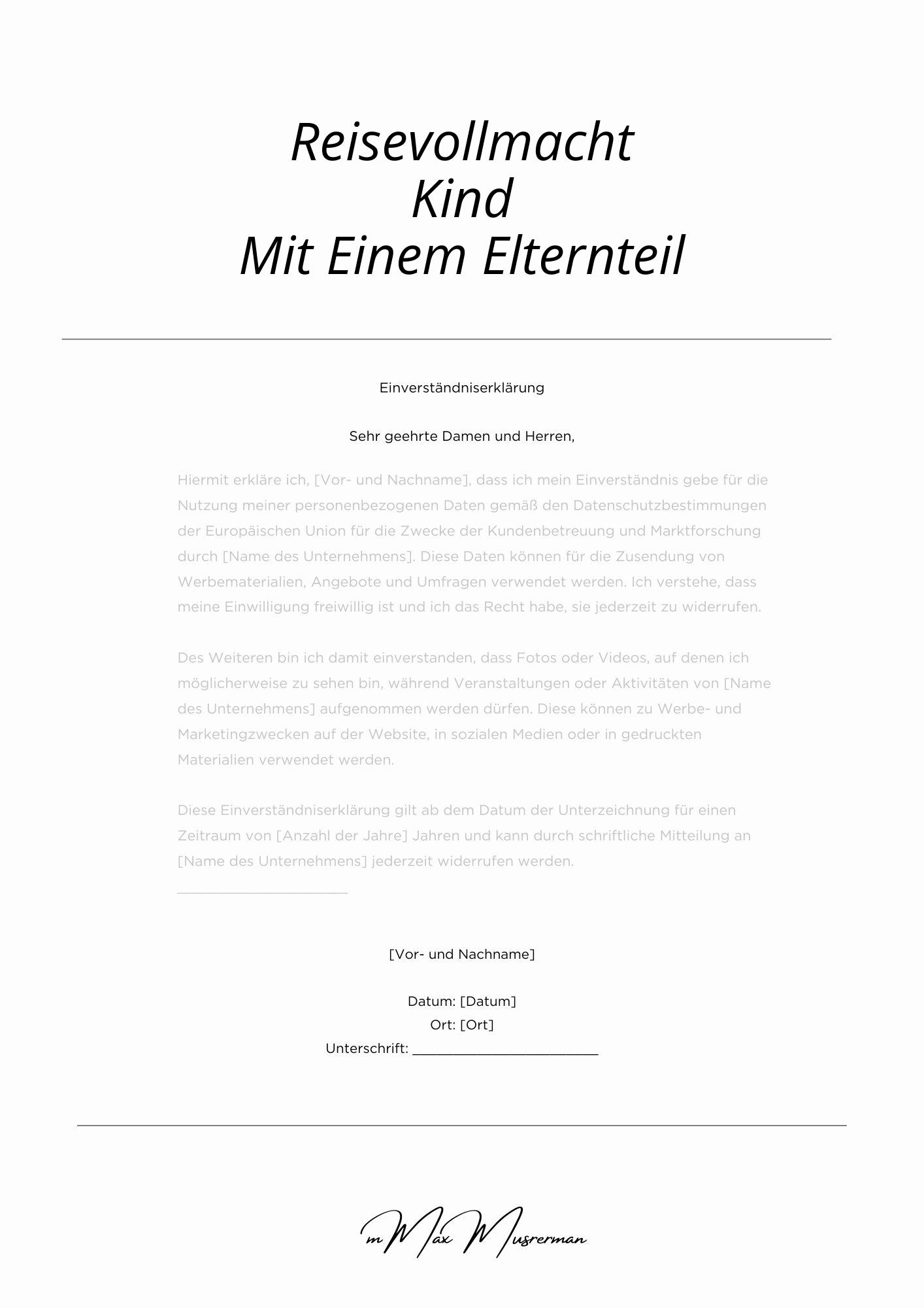 Einverständniserklärung Reisevollmacht Kind Mit Einem Elternteil