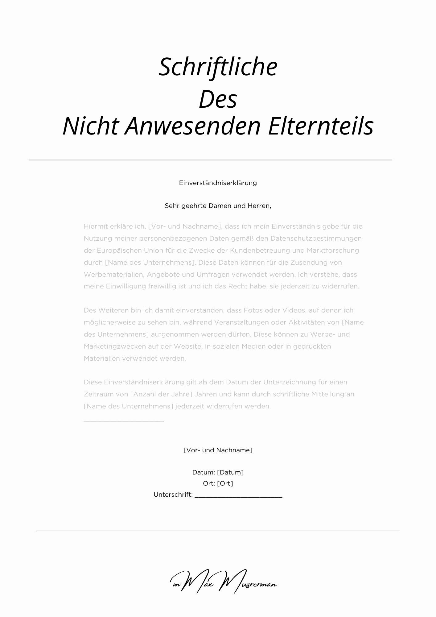 Schriftliche Einverständniserklärung Des Nicht Anwesenden Elternteils