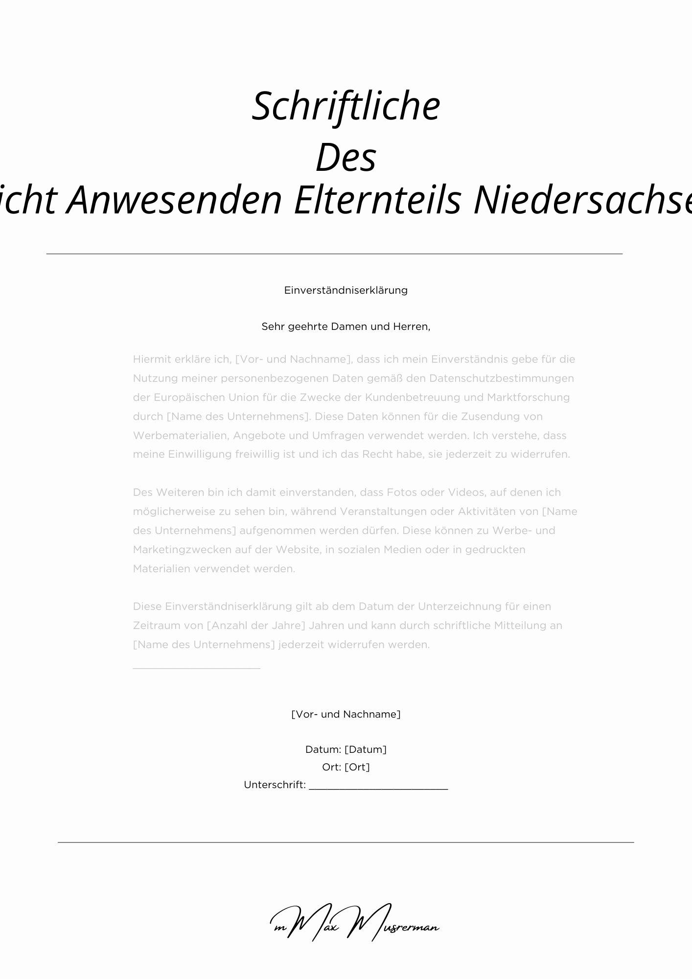 Schriftliche Einverständniserklärung Des Nicht Anwesenden Elternteils Niedersachsen