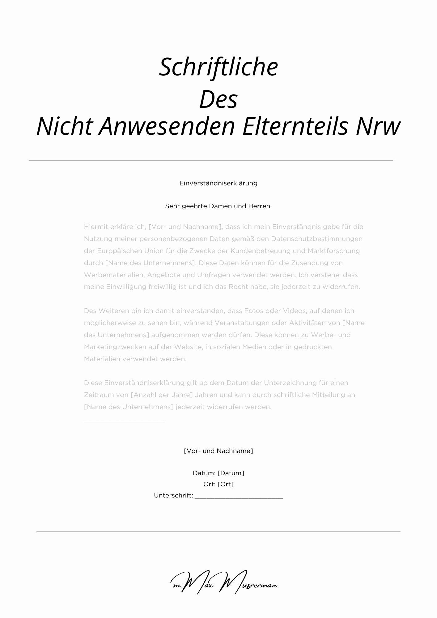 Schriftliche Einverständniserklärung Des Nicht Anwesenden Elternteils Nrw