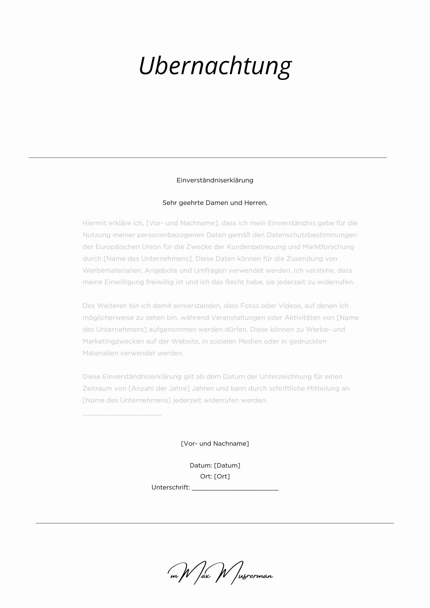 Einverständniserklärung Übernachtung