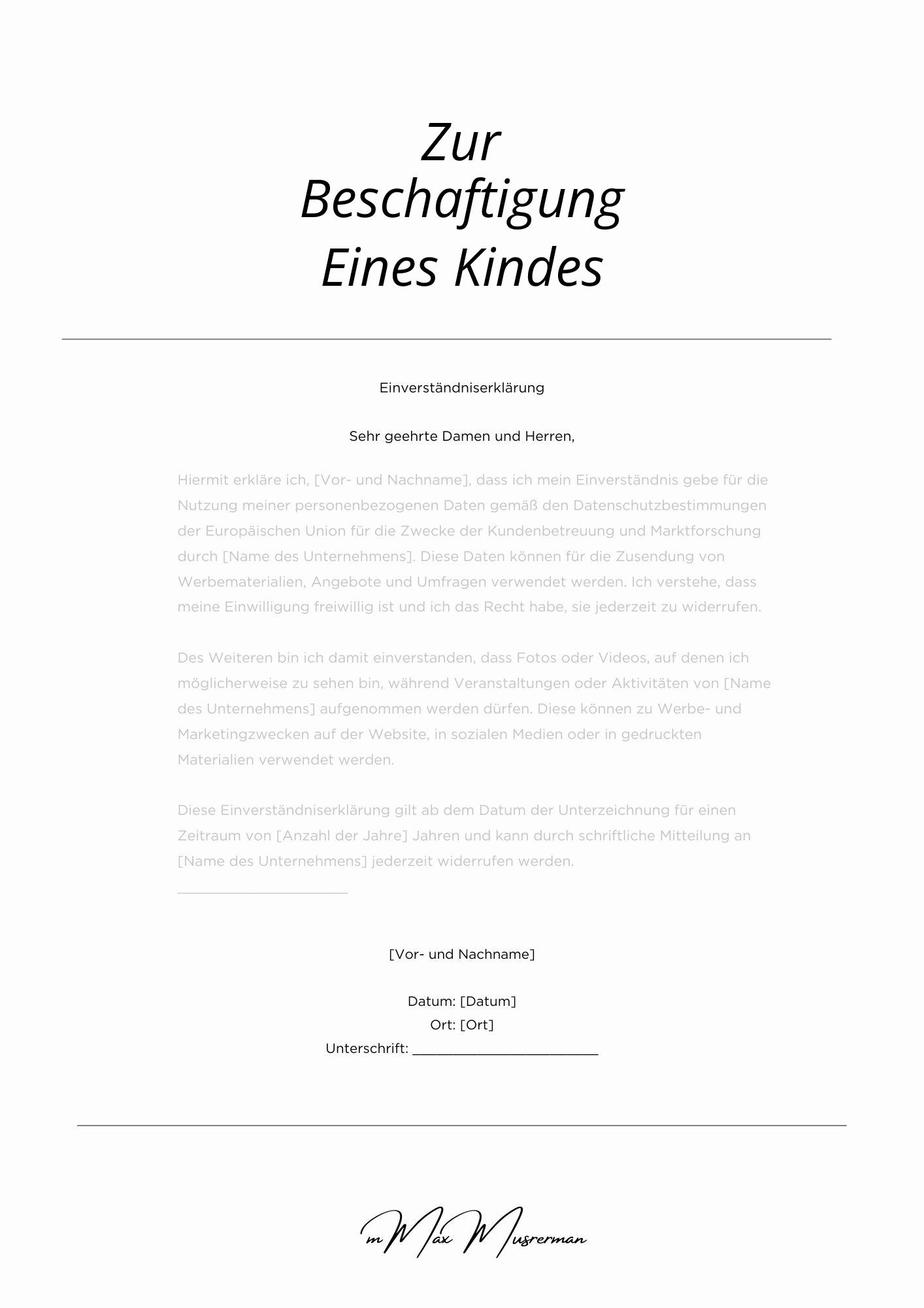 Einverständniserklärung Zur Beschäftigung Eines Kindes